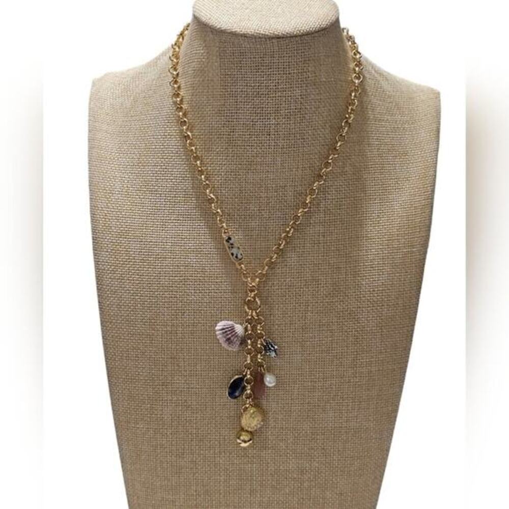 J. Crew Nautical Gold Shell Charm Necklace Stone Pearl Coastal Statement Jewelry - Picture 2 of 8